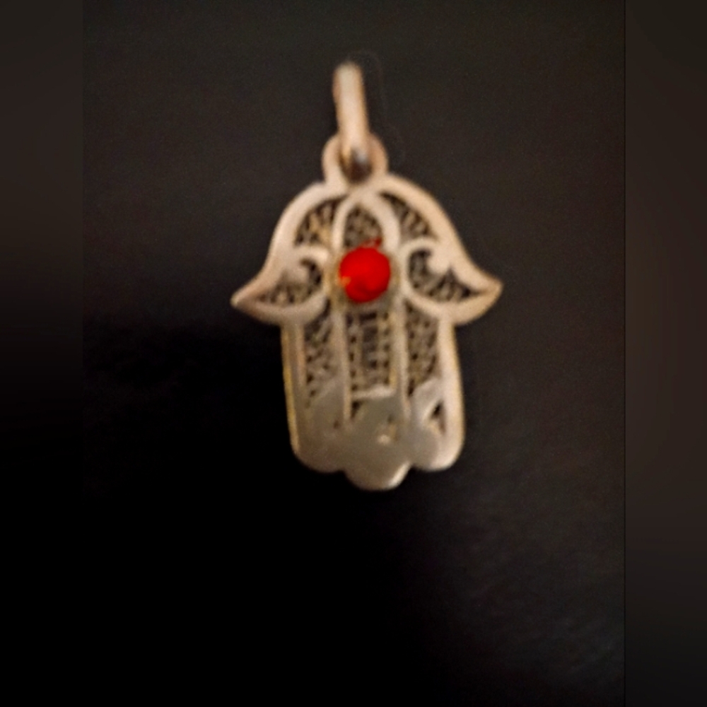 Silver Hamsa Pendant with Red Stone